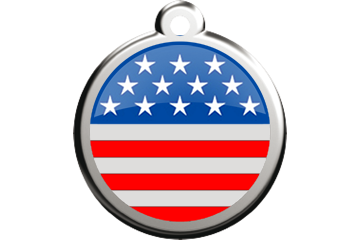Stainless steel dog ID tag with round blue star and red stripe enamel flag