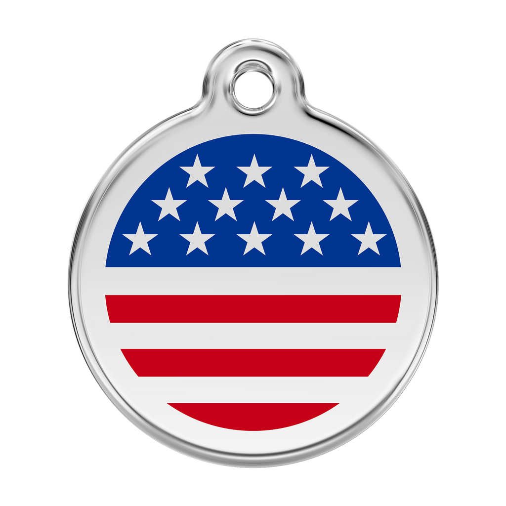 Red Dingo stainless steel dog ID tag with blue star and red stripe enamel flag