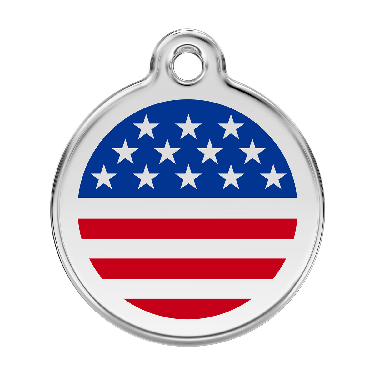 Red Dingo stainless steel dog ID tag with blue star and red stripe enamel flag