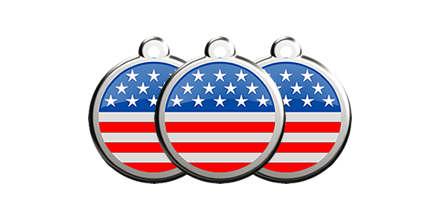 Set of three stainless steel dog ID tags with blue stars and red stripe enamel flag