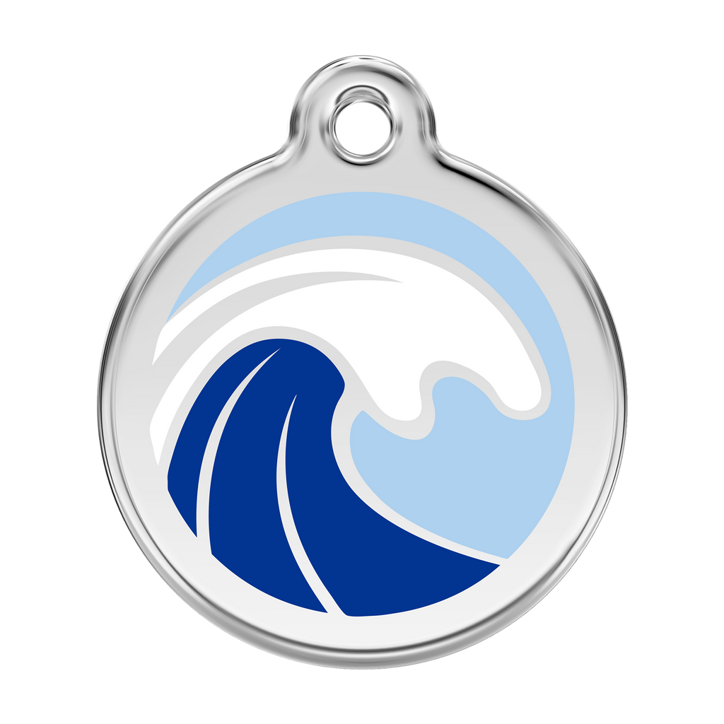 Stainless steel dog ID tag with blue wave enamel design and round hanging ring
