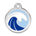 Stainless steel dog ID tag with blue wave enamel design and round hanging ring