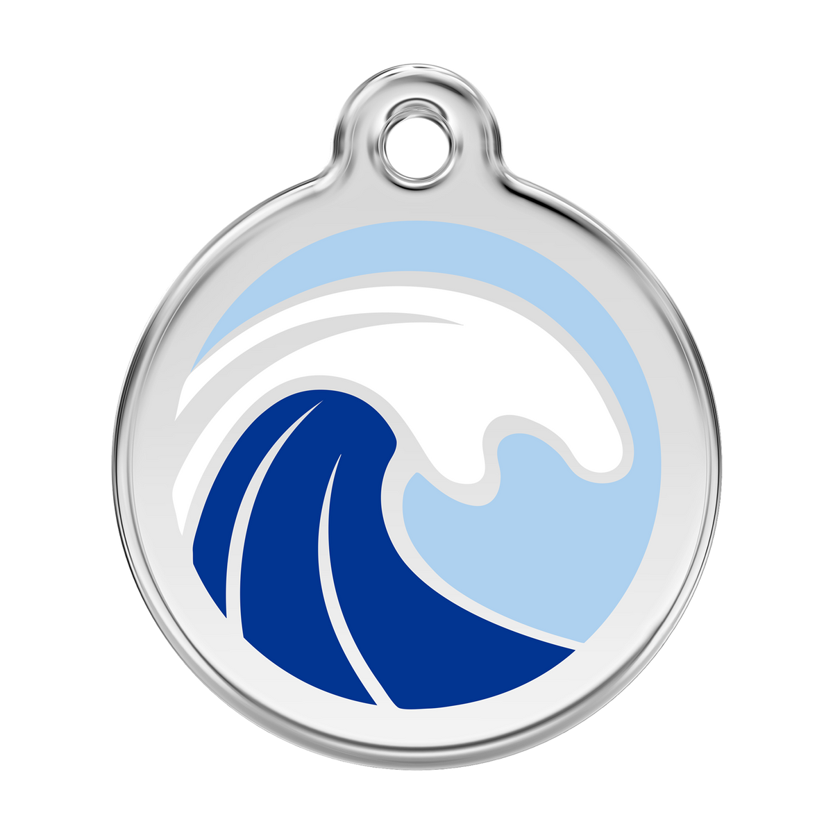 Stainless steel dog ID tag with blue wave enamel design and round hanging ring