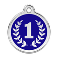 Stainless steel dog ID tag with blue enamel round face, white number 1 and laurel wreath