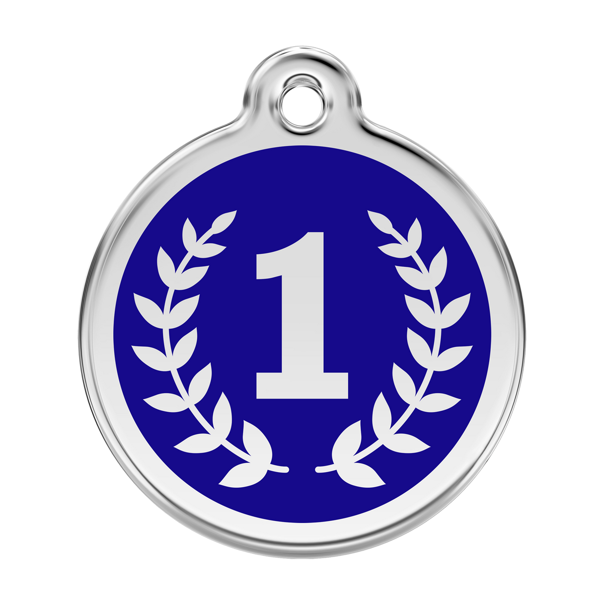 Stainless steel dog ID tag with blue enamel round face, white number 1 and laurel wreath