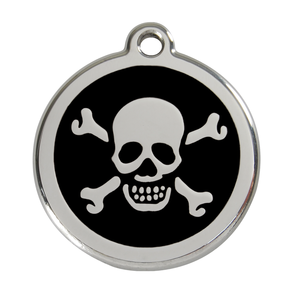 Stainless steel dog ID tag with black enamel skull and crossbones design