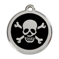 Stainless steel dog ID tag with black enamel skull and crossbones design