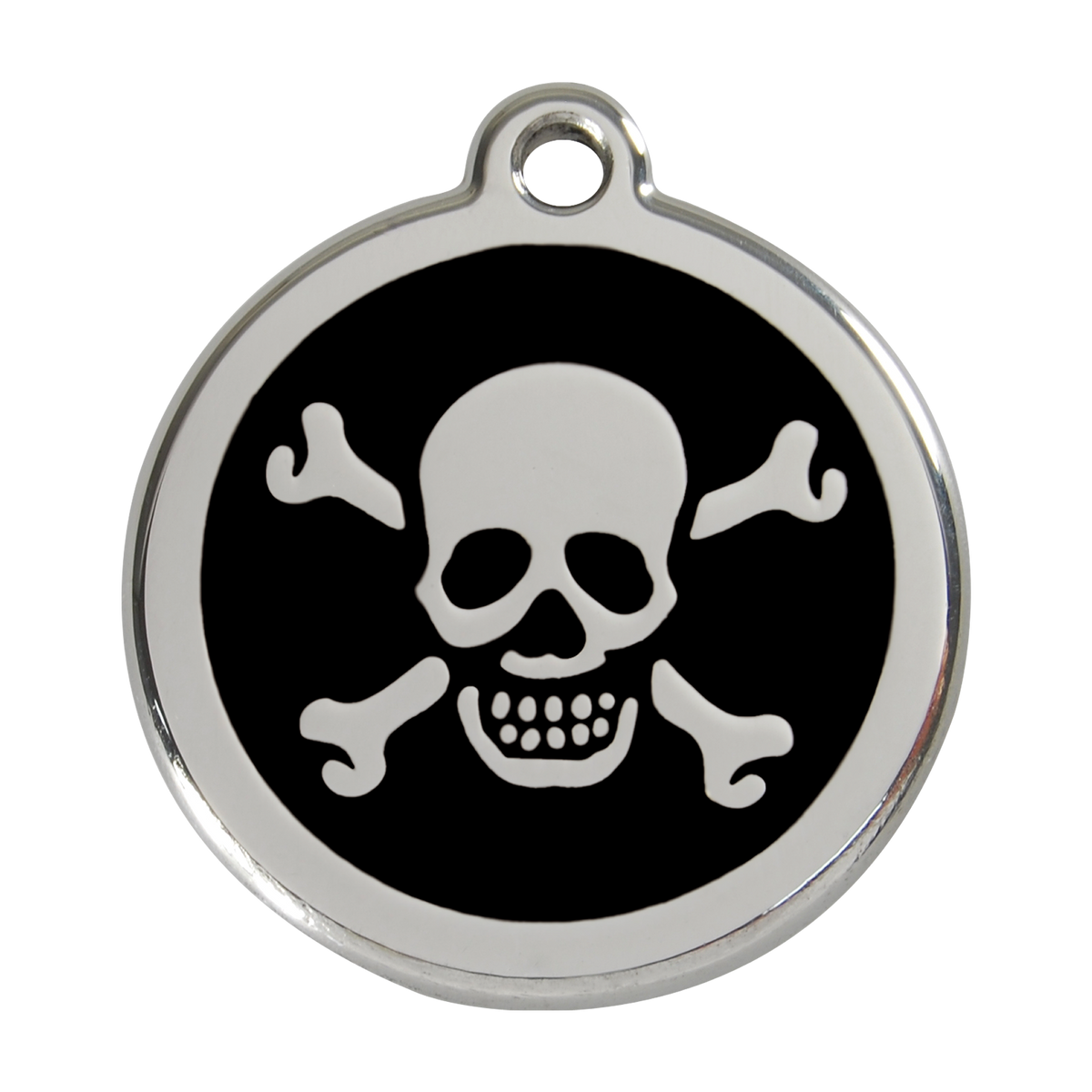 Stainless steel dog ID tag with black enamel skull and crossbones design