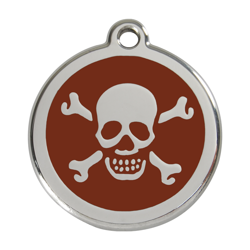 Stainless steel dog ID tag with brown enamel skull and crossbones design