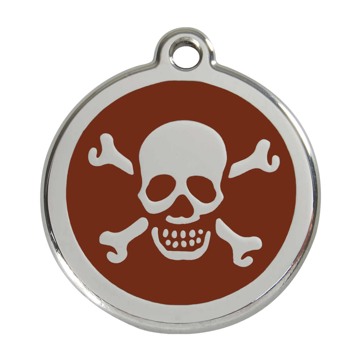 Stainless steel dog ID tag with brown enamel skull and crossbones design