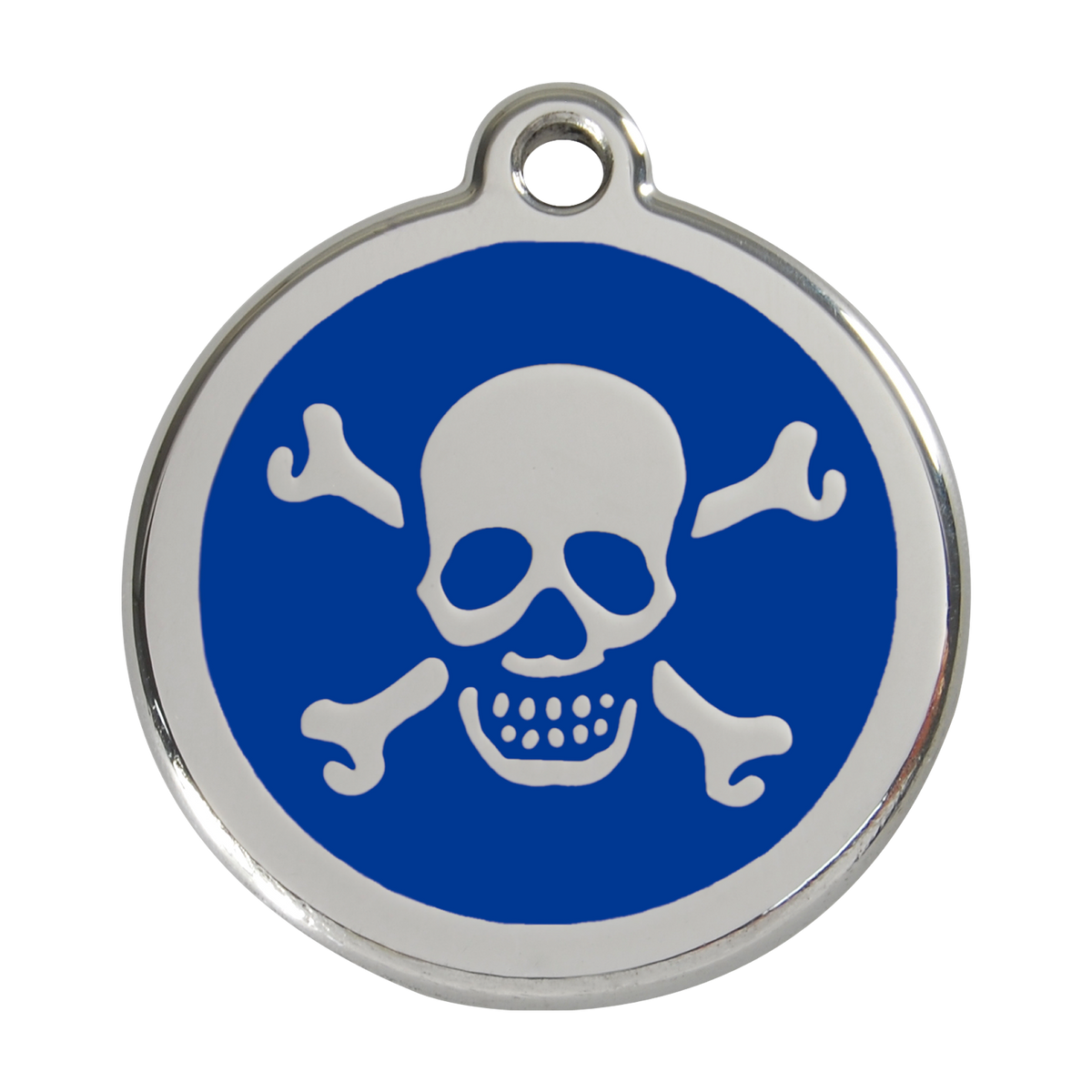 Stainless steel dog ID tag with dark blue enamel skull and crossbones design