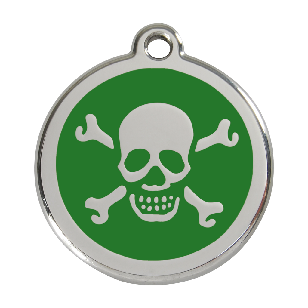 Stainless steel dog ID tag with green enamel skull and crossbones design