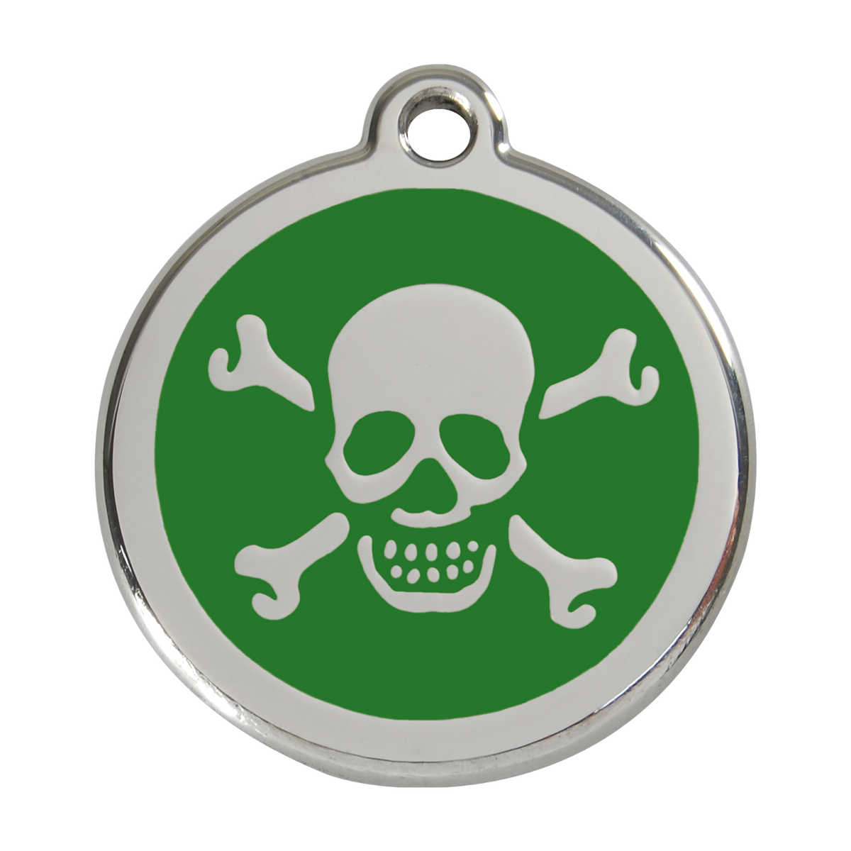 Stainless steel dog ID tag with green enamel skull and crossbones design