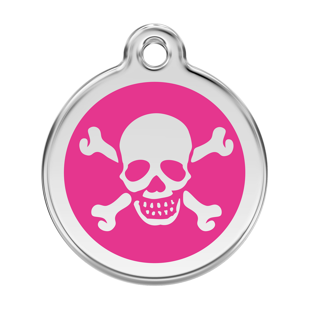 Stainless steel dog ID tag with hot pink enamel skull and crossbones design