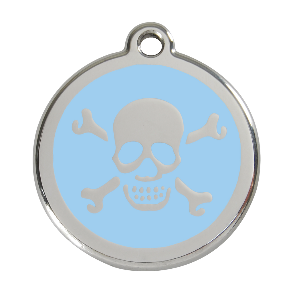 Stainless steel dog ID tag with light blue enamel skull and crossbones design