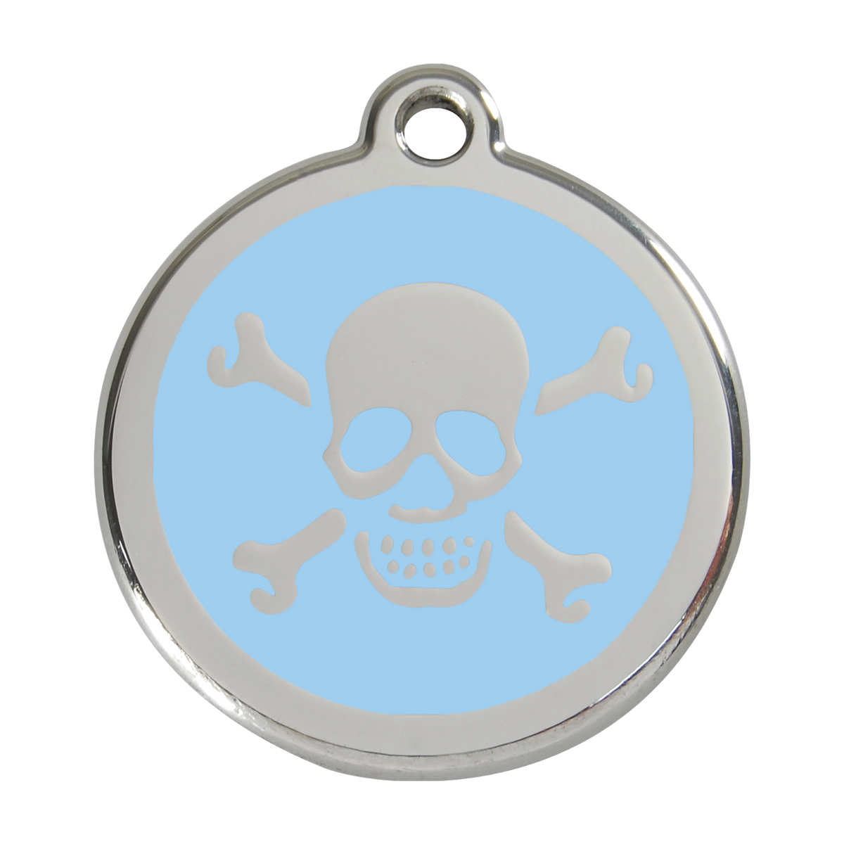 Stainless steel dog ID tag with light blue enamel skull and crossbones design