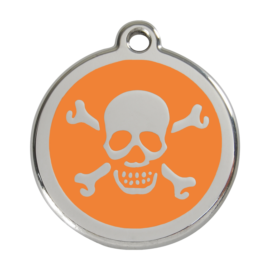 Stainless steel dog ID tag with orange enamel skull and crossbones design
