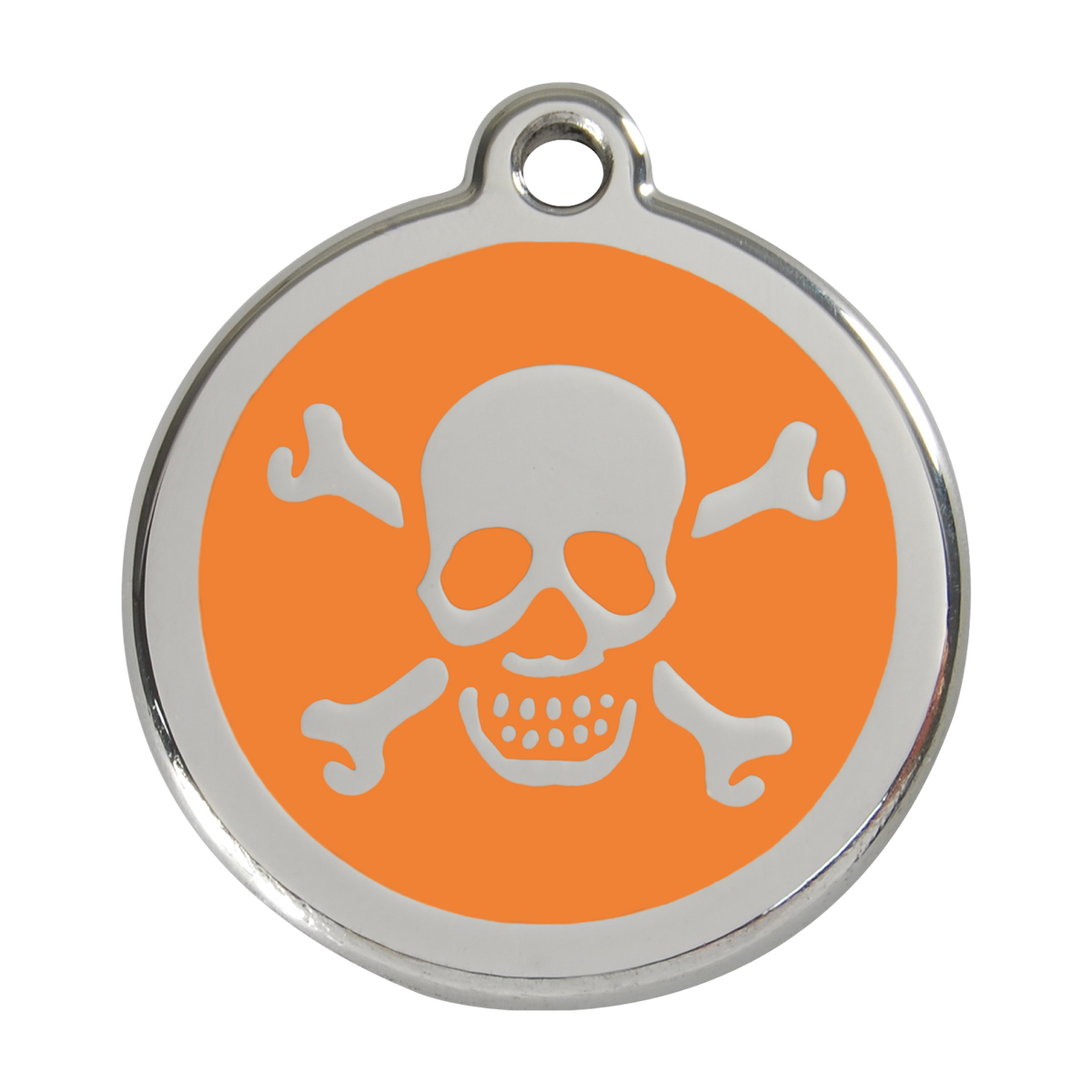 Stainless steel dog ID tag with orange enamel skull and crossbones design