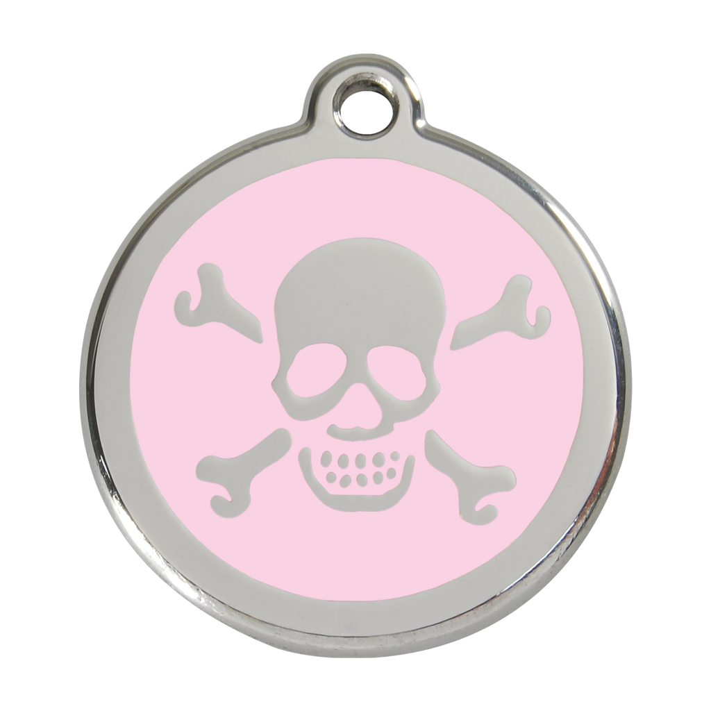 Stainless steel dog ID tag with light pink enamel skull and crossbones design