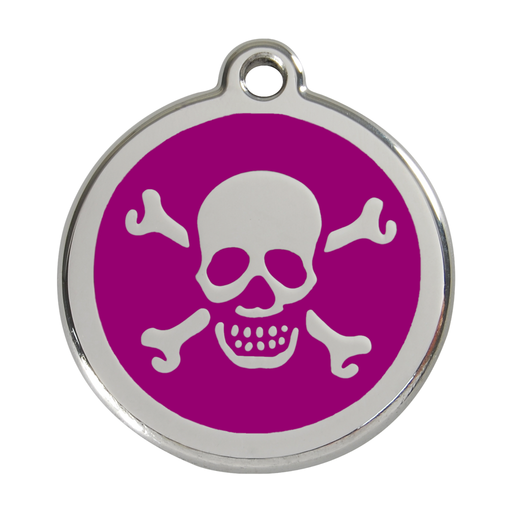 Stainless steel dog ID tag with purple enamel skull and crossbones design