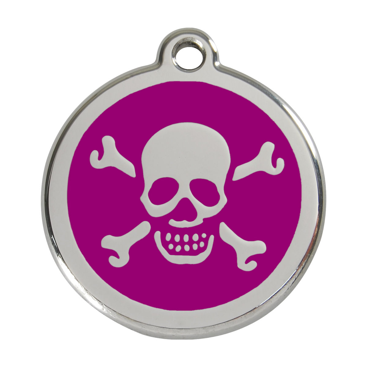 Stainless steel dog ID tag with purple enamel skull and crossbones design