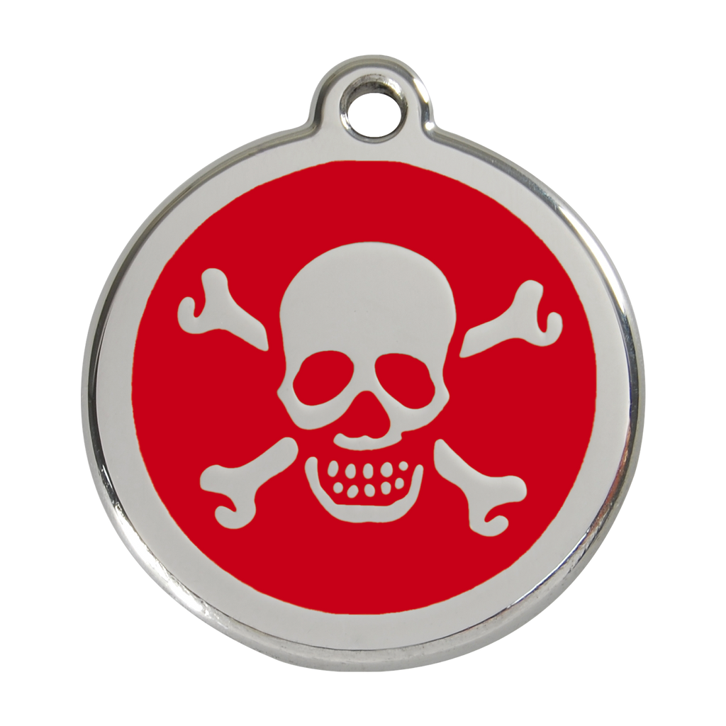 Stainless steel dog ID tag with red enamel skull and crossbones design