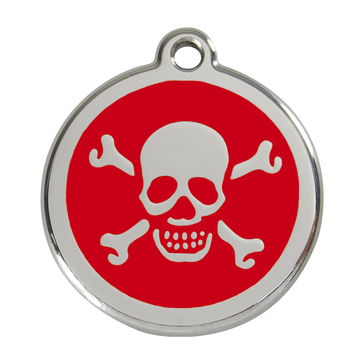 Stainless steel dog ID tag with red enamel skull and crossbones design