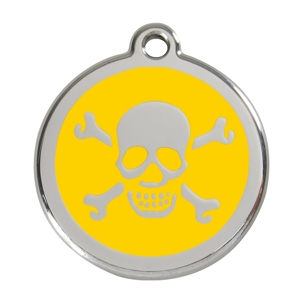 Red Dingo stainless steel dog ID tag with yellow enamel skull and crossbones