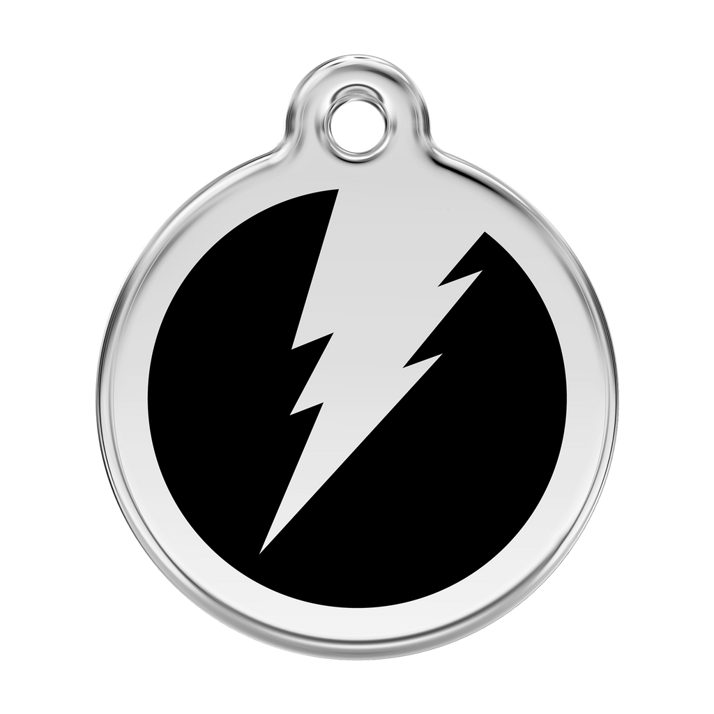 Stainless steel enamel dog ID tag with black lightning bolt icon
