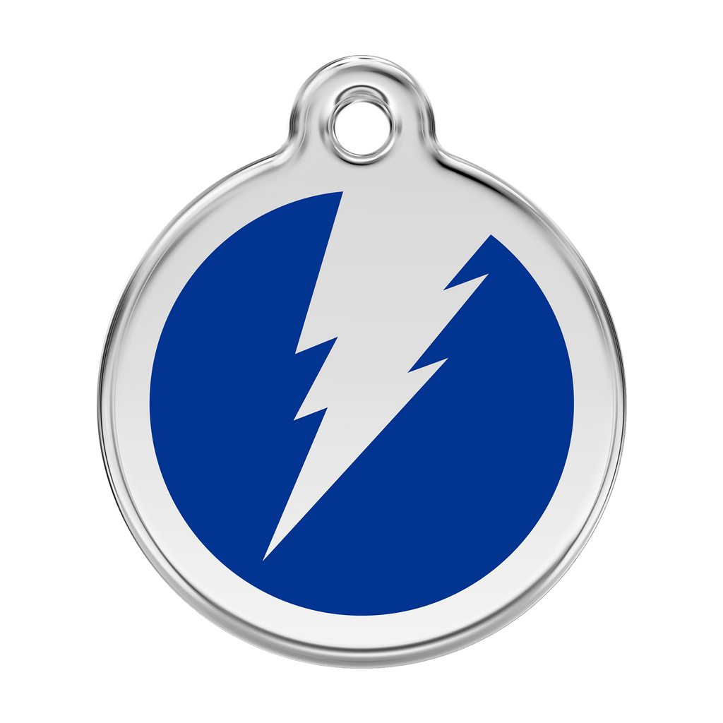 Stainless steel enamel dog ID tag with dark blue lightning bolt icon