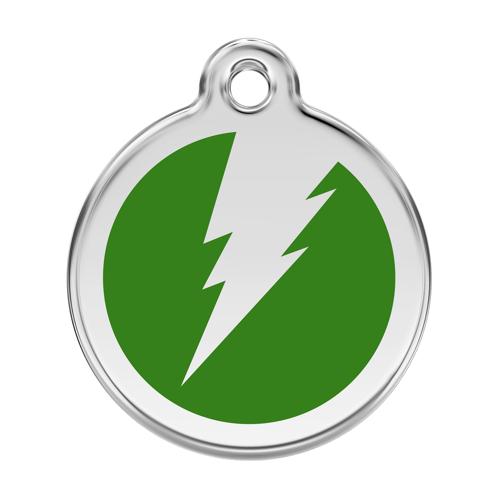 Stainless steel enamel dog ID tag with green lightning bolt icon