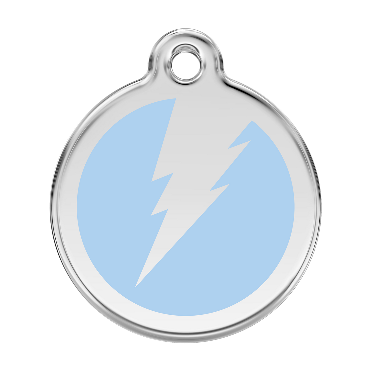 Stainless steel enamel dog ID tag with light blue lightning bolt icon