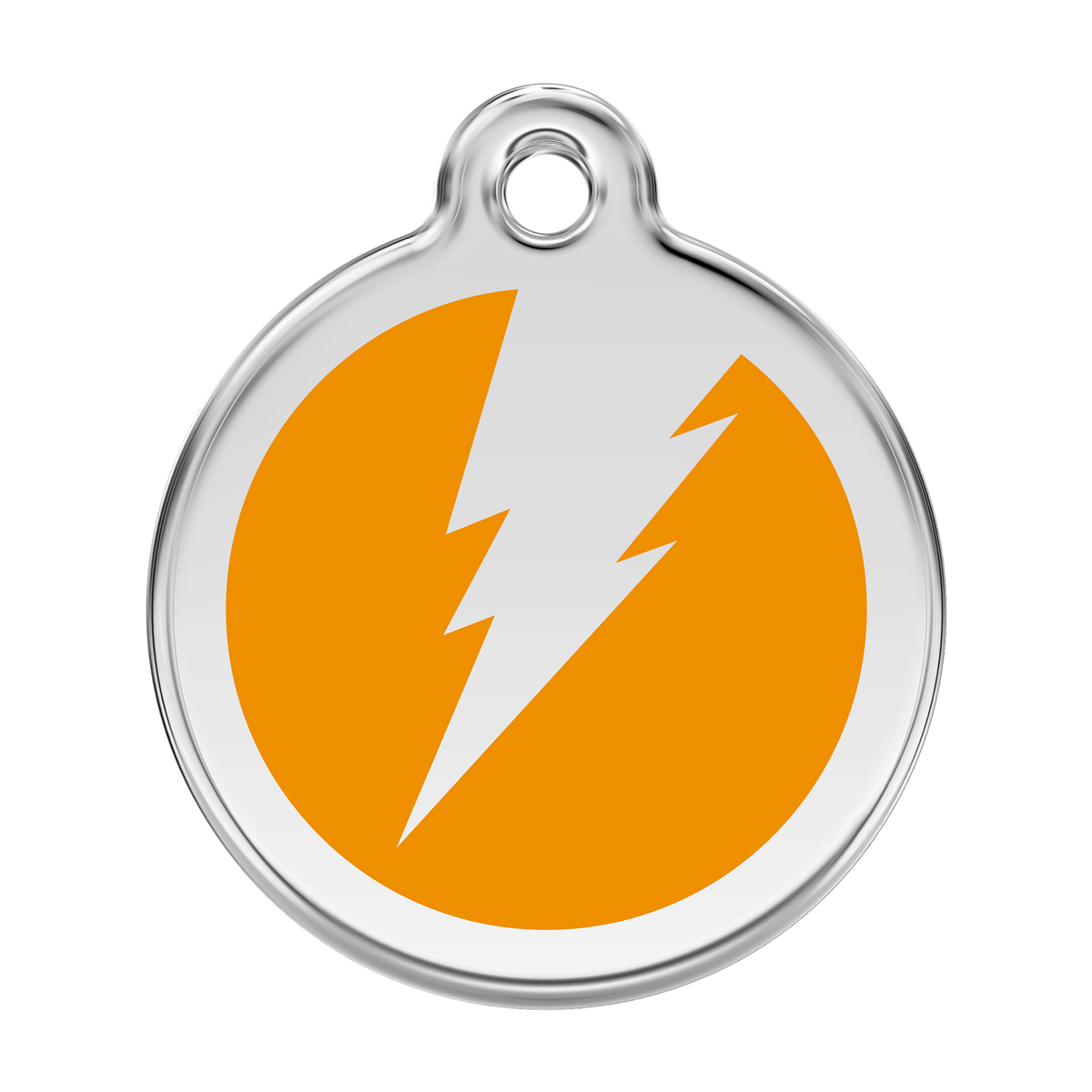 Stainless steel enamel dog ID tag with orange lightning bolt icon