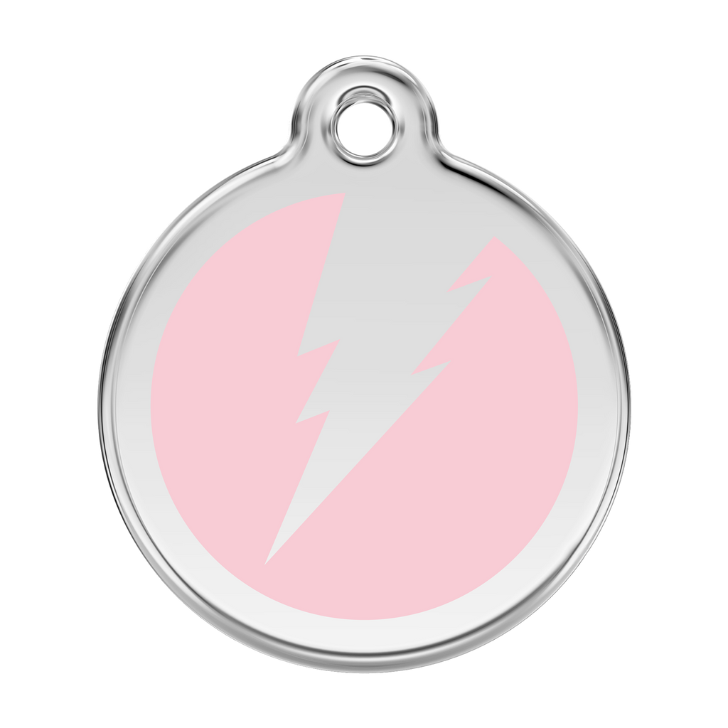 Stainless steel and enamel flash dog ID tag with pink lightning bolt design