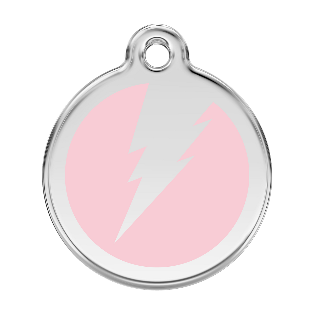 Stainless steel and enamel flash dog ID tag with pink lightning bolt design