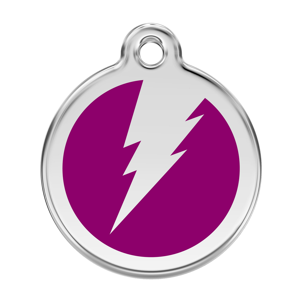 Stainless steel enamel dog ID tag with purple lightning bolt icon