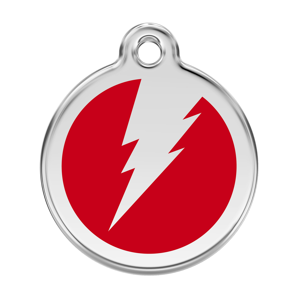 Stainless steel enamel dog ID tag with red lightning bolt icon