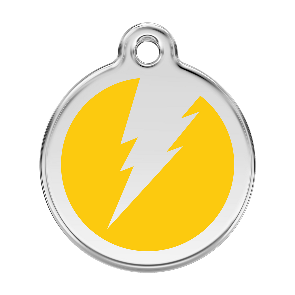 Stainless steel enamel dog ID tag with yellow lightning bolt icon