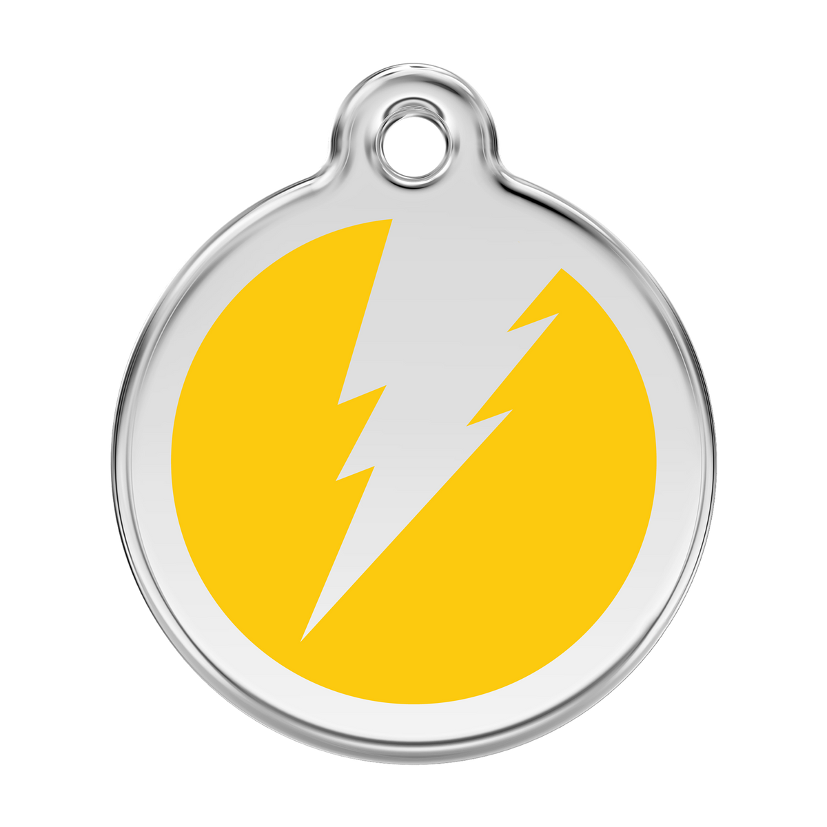 Stainless steel enamel dog ID tag with yellow lightning bolt icon