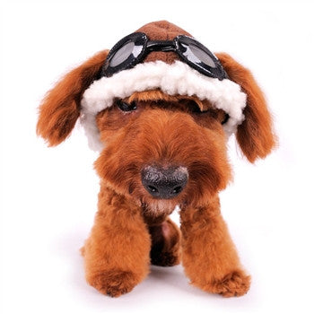 Brown aviator dog hat with white faux-fur trim and black goggles, on a tan puppy