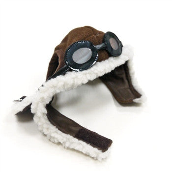 Brown aviator dog hat with white faux-fur lining and round goggles