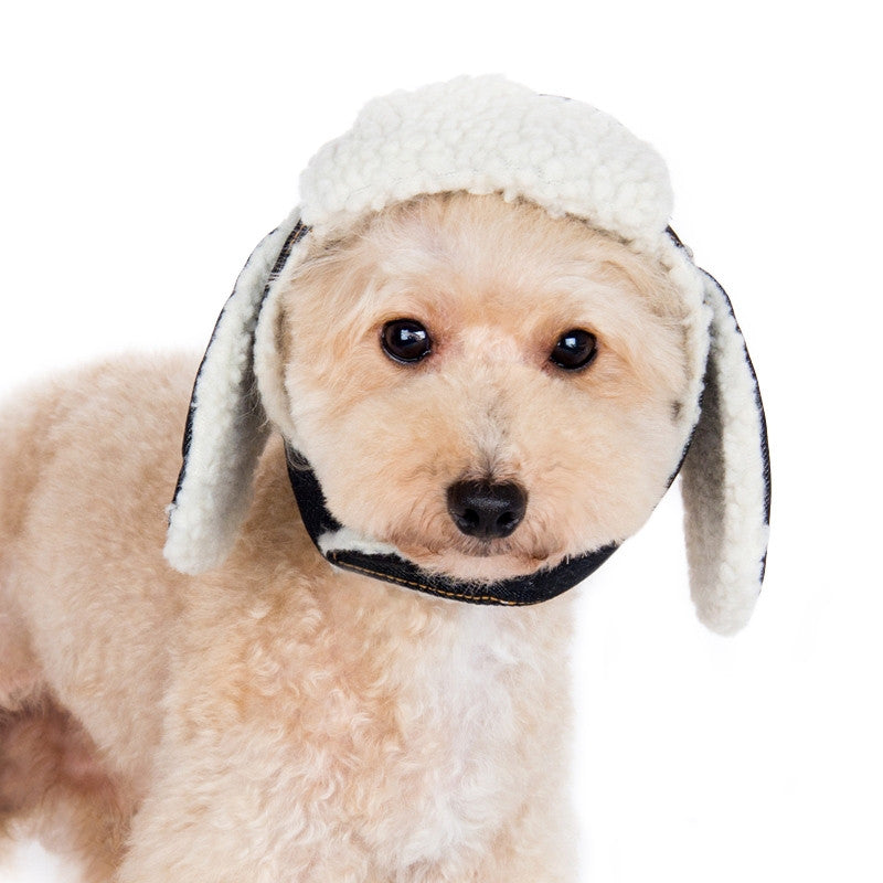 Dog trapper hat close-up: black band with white sherpa ear flaps and chin coverage