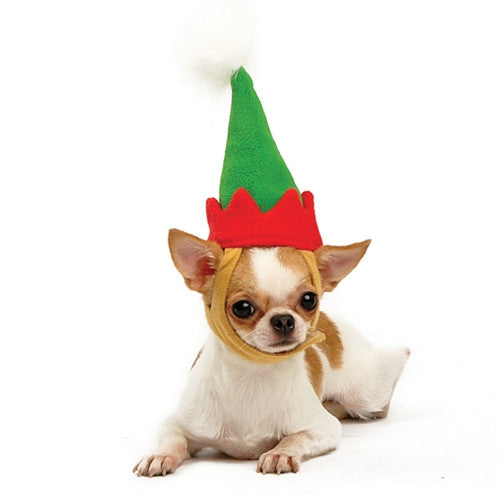 Green elf hat with red brim for dogs, soft fabric and pom