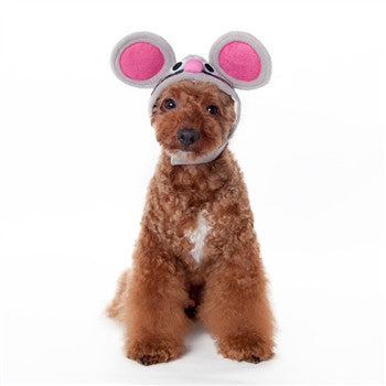 Brown dog wearing gray mouse hat with pink ears and chin strap