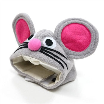Gray mouse dog hat with pink inner ears, black stripe nose, chin strap