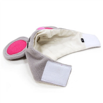 Gray mouse dog hat with pink ear pads, cream interior lining, chin strap