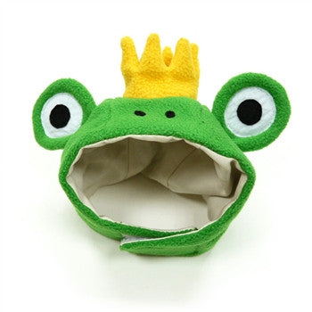 Green frog dog hat with yellow crown, big eyes, open inner lining, chin strap