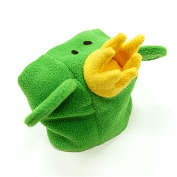 Green plush frog dog hat with yellow beak and crown, side view