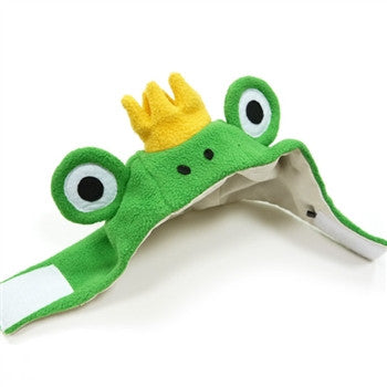 Green frog dog hat with yellow crown and beak, open interior, long tail