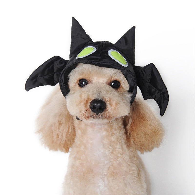 Black bat dog hat with lime eye patches and pointed ears